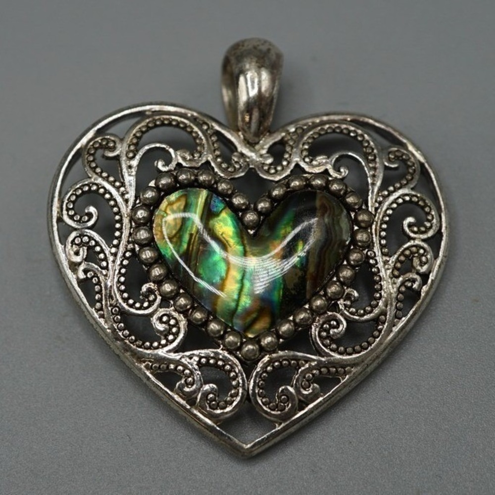 Silver Tone Abalone Shell Heart Pendant Filigree Scrollwork Design Iridescent